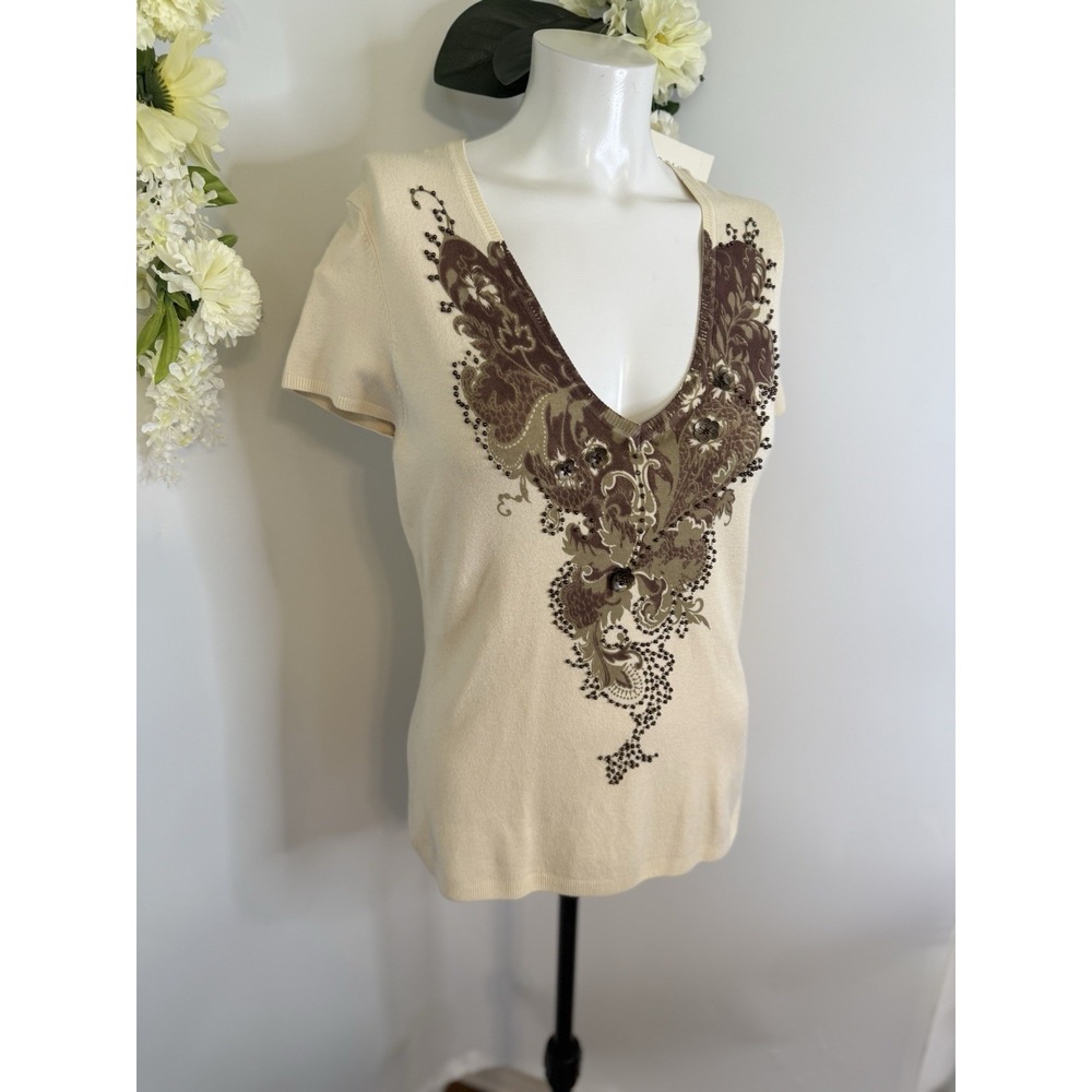 Vertigo Paris Embellished Beige Brown Ladies L Sequined Short Sleeve Sweater NWT